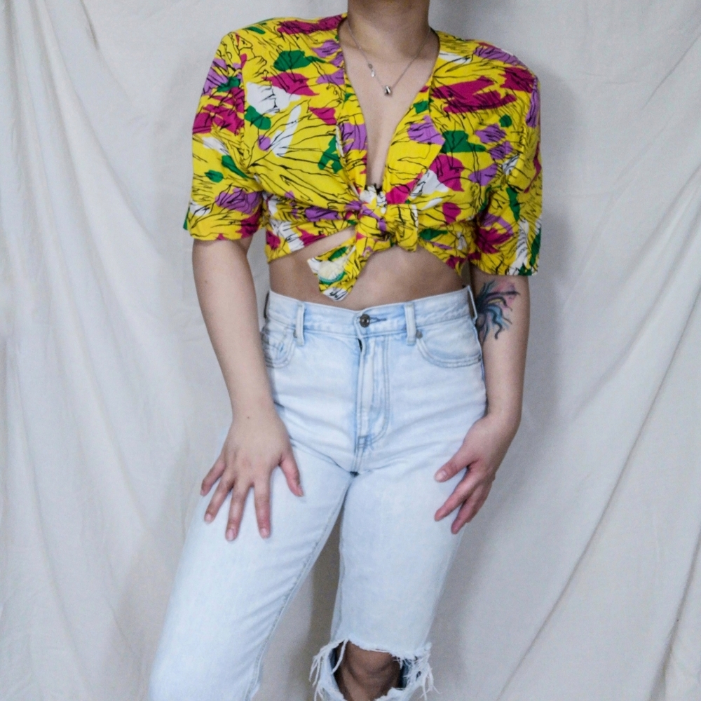 80s 90s Vintage Bold Abstract Nature Leaf Graphic Print Button Shirt